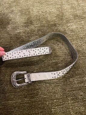 Y2K Studded Metallic White Belt with Decorative Buckle